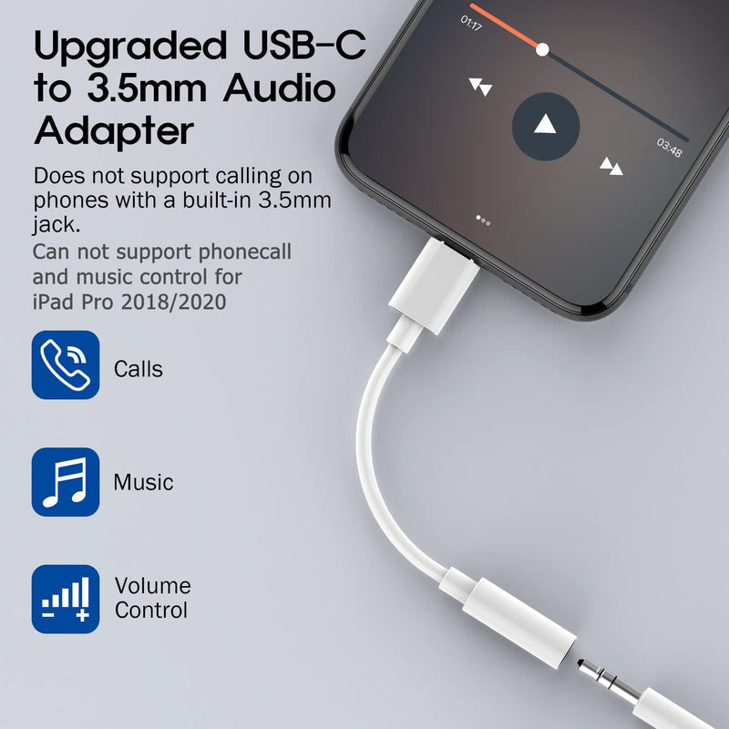 USB C Digital to 3.5 mm Female Headphone Jack Adapter, Type C Aux Audio Dongle Converter for iPad Pro 11" 12.9" 2018/2020/Google Pixel/5 4 3 2/ XL/Samsung S21 S20 Ultra Z Flip S20+ Note 20 S10 S9 Plus USB-C Adapter - White