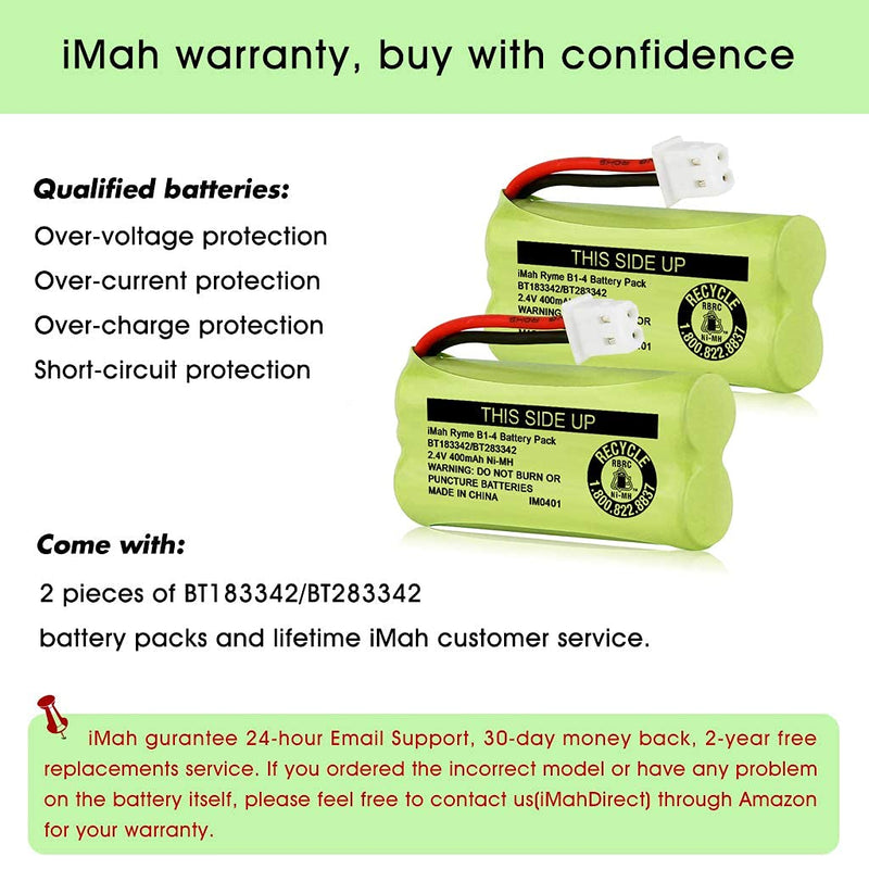 iMah BT183342/BT283342 2.4V 400mAh Ni-MH Battery Pack, Also Compatible with AT&T VTech Cordless Phone Batteries BT166342/BT266342 BT162342/BT262342 2SN-AAA40H-S-X2, Pack of 2