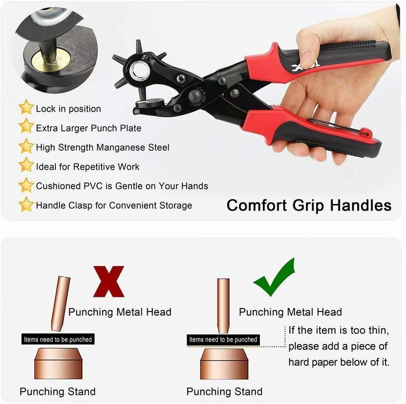 Revolving Punch Plier Kit, XOOL Leather Hole Punch Set for Belts, Watch Bands, Straps, Dog Collars, Saddles, Shoes, Fabric, DIY Home or Craft Projects, Heavy Duty Rotary Puncher, Multi Hole Sizes Make Hole Puncher