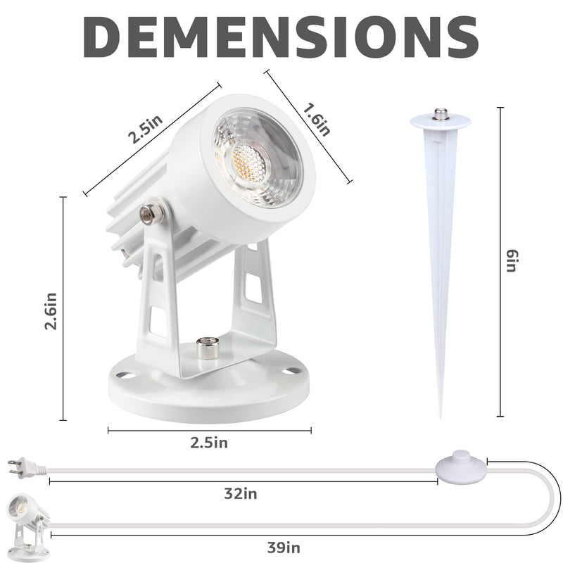 SUNVIE 2 Pack LED Spot Lights Indoor Plant Spotlight Lamp Up Lights for Indoor Plants Accent Lighting 120V Warm White Uplight 5.9 FT Cord with Floor Foot Switch, White (Base and Stake Included)