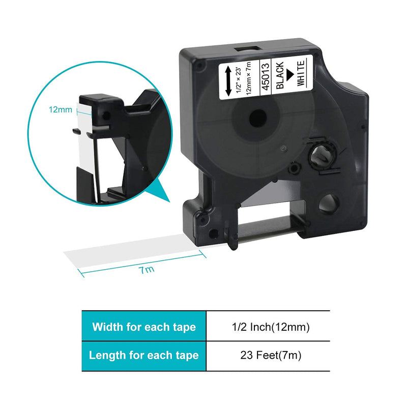 Compatible for DYMO D1 Label Tape Refills 45013 S0720530, Black on White, 1/2 Inch x 23' (12mm x 7m) D1 Labeling Tape for DYMO LabelManager 160 210D 260P 280 360D 420P 450D, 5-Pack