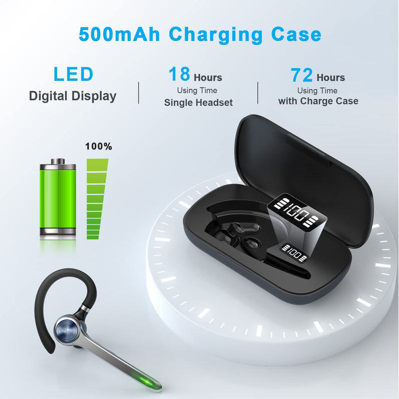 HEIBAS Bluetooth Headset, Wireless Bluetooth Earpiece with 500mAh Charging Case 72 Hours Talking Time Built-in Microphone for iOS Android Cell Phone, V5.1 Hand-Free Headphones for Trucker, Office