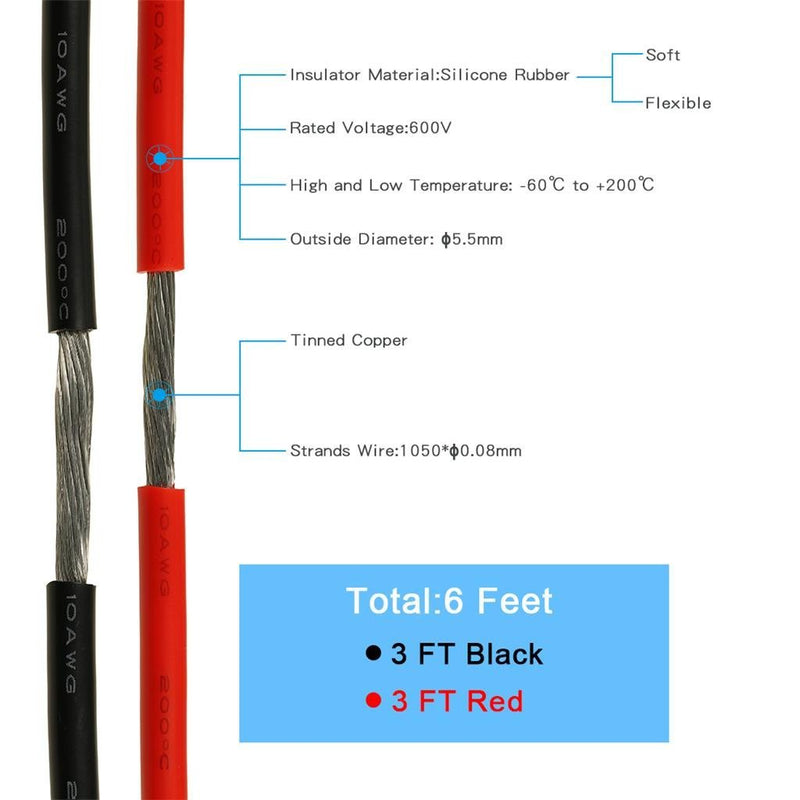 BNTECHGO 10 Gauge Silicone Wire 3 ft red and 3 ft Black Flexible 10 AWG Stranded Copper Wire 10 AWG 3ft red and 3ft black silicone wire red and black