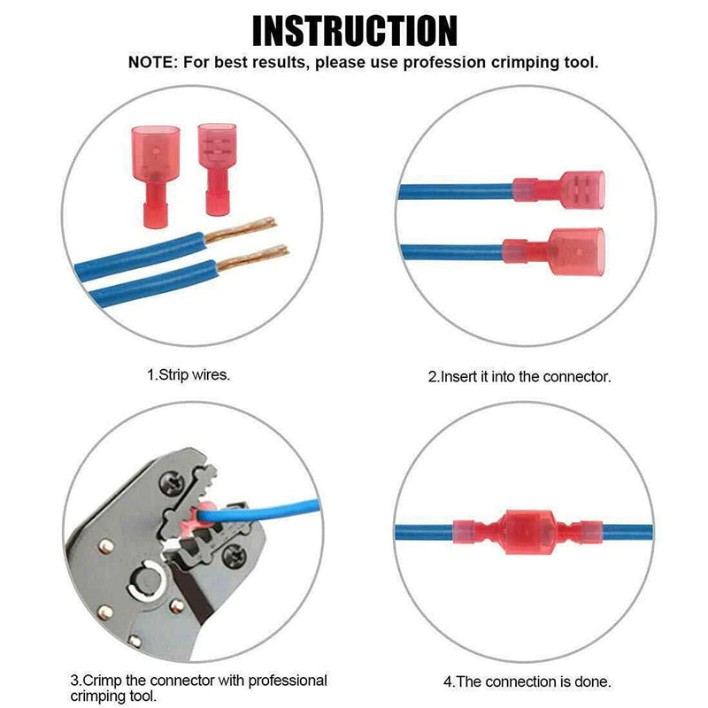 Amlits 100 PCS Nylon Spade Quick Disconnect Connectors Kit, Fully Insulated Male & Female Electrical Crimp Cold-Pressed Wire Terminals Assortment Kit