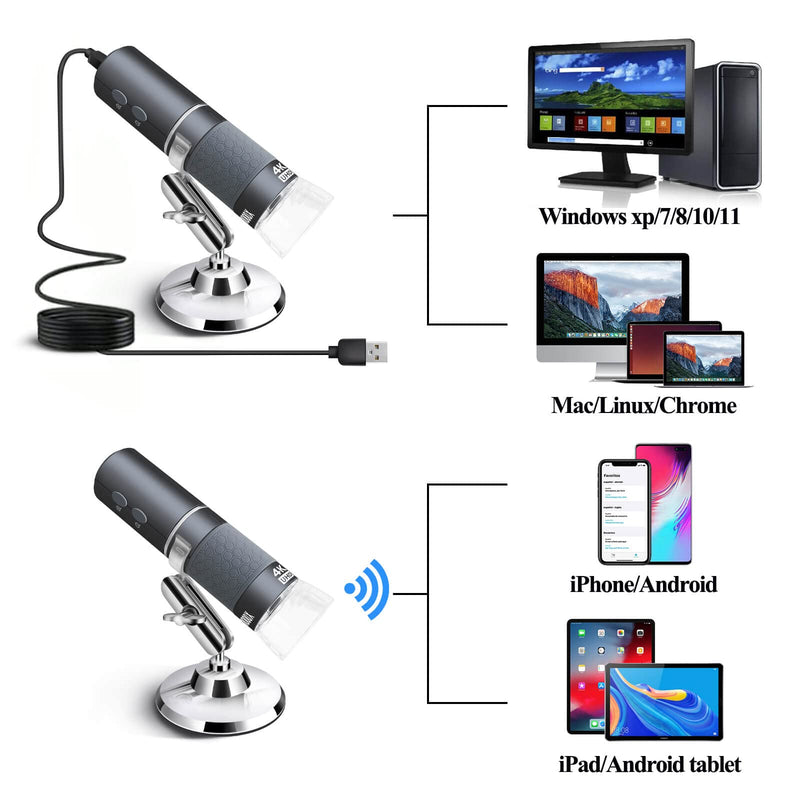 Ninyoon 4K WiFi Microscope for iPhone Android, 50 to 1000X USB Digital Microscope Wireless Super HD Endoscope Camera Compatible with All Mobile Phones iPad Android Tablet Windows Mac Grey