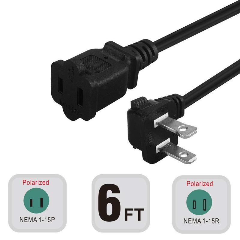 6FT(1.8M) Right Angled Polarized US 2-Prong Male-Female Extension Power Cord Cable, 2 Outlet Extension Cable Cord US AC 2-Prong Male/Female Power cable10A/125V,Nema 1-15P to 1-15R Cable Polarity 6-Feet