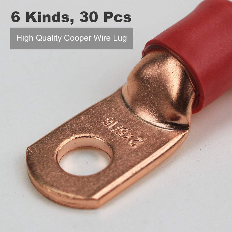 TKDMR 30pcs 2 4 6 AWG Copper Wire Lugs with 3:1 Heat Shrink Tubing,UL Heavy Duty Cable Lugs Battery Cable Ends Copper Eyelets Ring Terminal Connectors 2 4 6 Awg - Ring Kit 30
