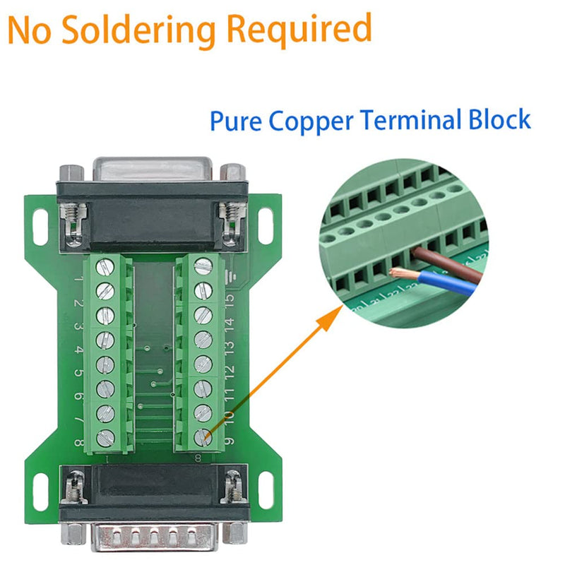 Jienk DB15 Male to Female Terminal Breakout Board, RS232 D-SUB Serial to 15pin Port Terminal Block Gender Changer Connector DB15 Male to Female（1pcs）