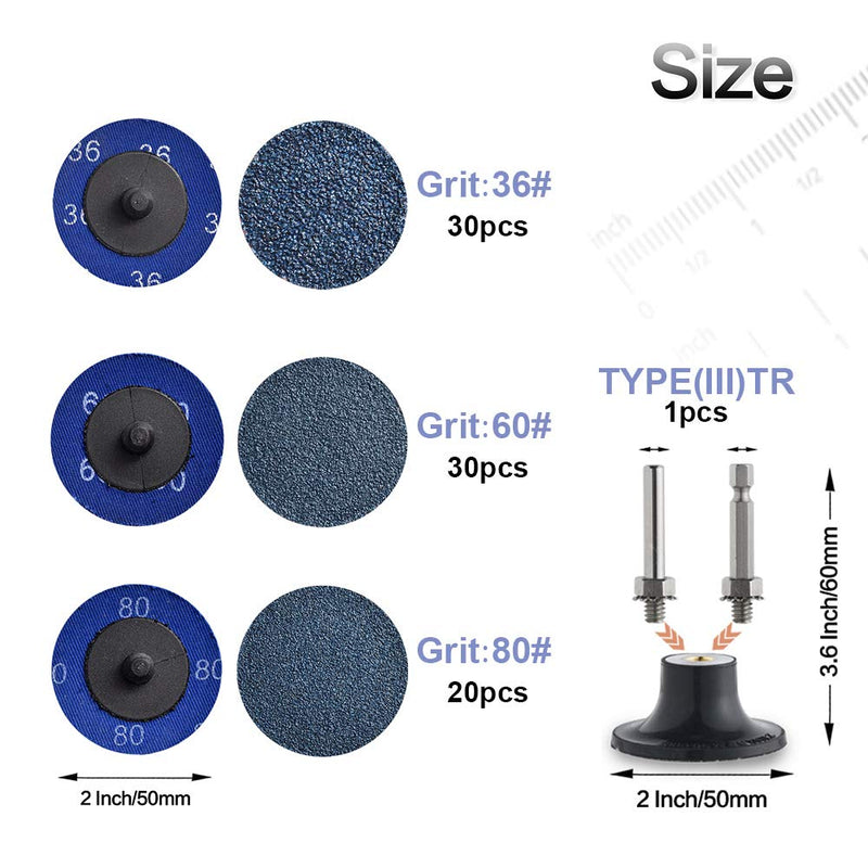 Tshya Roll Lock Disc, 80 Pcs 2 inch Die Grinder Sanding Discs with 1/4" Disc Holder, Zirconia Coated 36/60/80 Grit for Surface Prep Mix 80Pcs