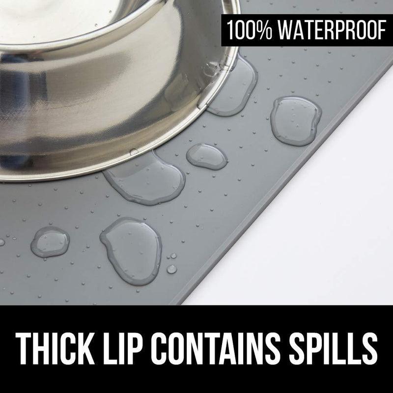 Gorilla Grip Silicone Pet Feeding Mat, Waterproof, Raised Edges to Prevent Spills, Easy Clean Dogs and Cats Slip Resistant Placemat Tray to Stop Food and Water Bowl Messes on Floor 18.5" x 11.5" Gray