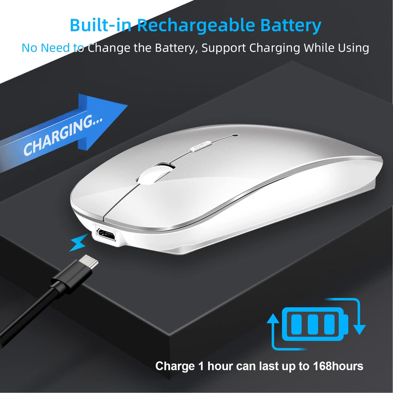 Wireless Mouse for Laptop, Bluetooth Mouse for MacBook Pro/Air/Mac/iPad/Chromebook/Computer -Rechargeale Dual Mode(USB 2.4Ghz + Bluetooth 5.2) Silent Cordless Mouse with USB C Adapter Silver