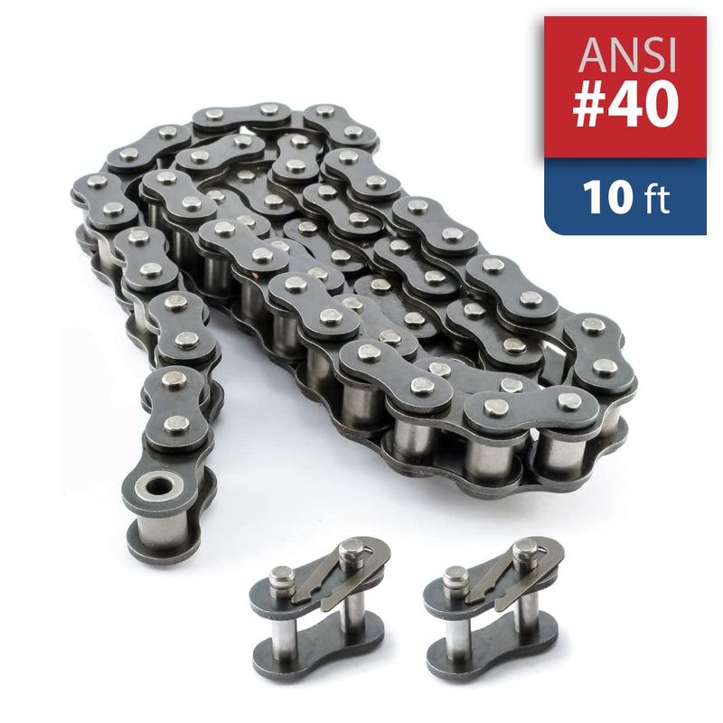 PGN #40 Roller Chain - 10 Feet + 2 Free Connecting Links - Carbon Steel Chains for Bycicles, Mini Bikes, Motorcycles, Go-Karts, Home and Industrial Machinery - 239 Links