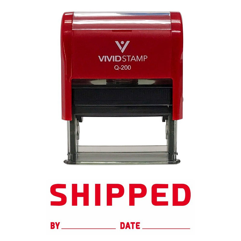 Shipped by Date Self Inking Rubber Stamp (Red Ink) - Medium Medium - 9/16" x 1-1/2" Red