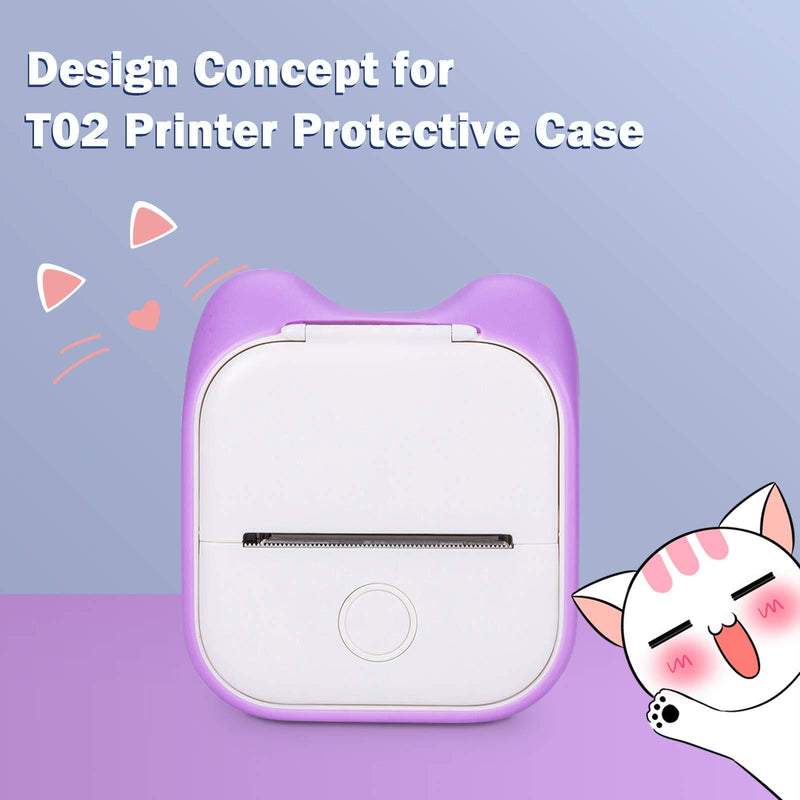 Memoking T02 Protective Case-Cat Ears Shape Soft Silicone BPA-Free Cute Design Printer Cover, Compatible with T02 Mini Bluetooth Wireless Portable Mobile Pocket Printer, Purple Cat