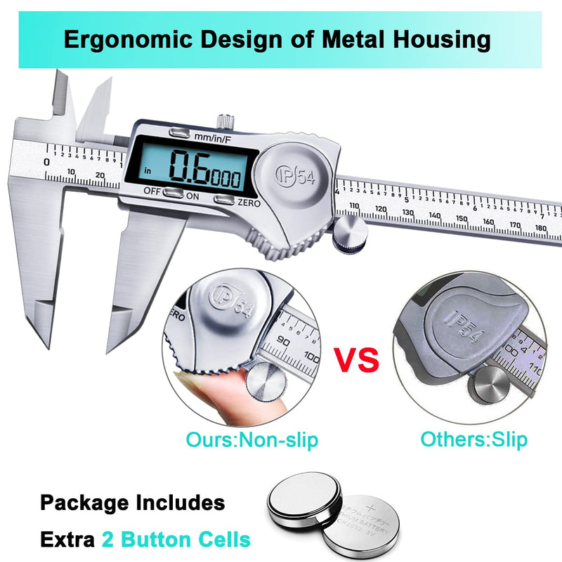 Kynup Digital Caliper, 8 Inch Caliper Measuring Tool with Stainless Steel, IP54 Waterproof Protection Design, Easy Switch from Inch Metric Fraction, Large LCD Screen (200mm) 200mm Silver