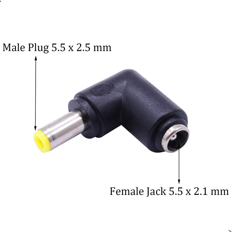 2Pcs DC Power Connector Adapter 90 Degree Angle 5.5mm x 2.5mm Male Plug to 5.5mm x 2.1mm Female Jack Coupler Converter (L Type 2.5 to 2.1mm Yellow)