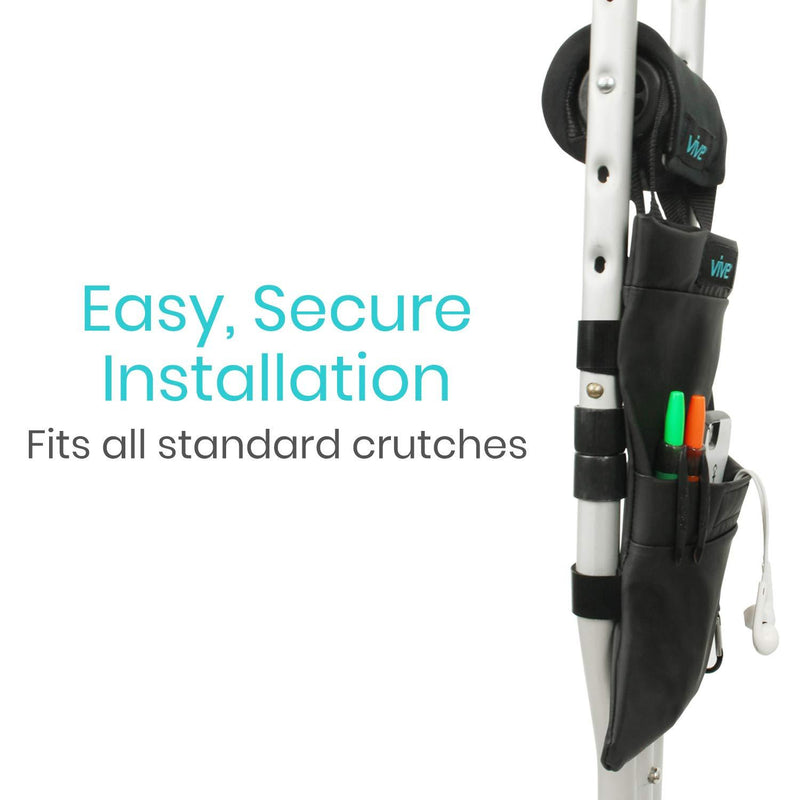 Vive Crutch Pouch - Bag with Foam Hand Grip Pads - Tote for Broken Leg Crutches with Storage Pockets - Ergonomic, Orthopedic, Lightweight Carry On - Medical Forearm Crutch Accessories (Black) Black