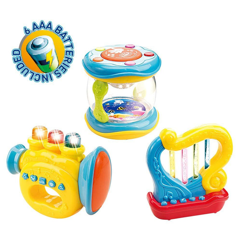 WEofferwhatYOUwant Set of 3 Trumpet, Drum and Harp Music Toys with Batteries | Musical Instruments for Baby Learning and Entertainments Set 3 Music Instruments