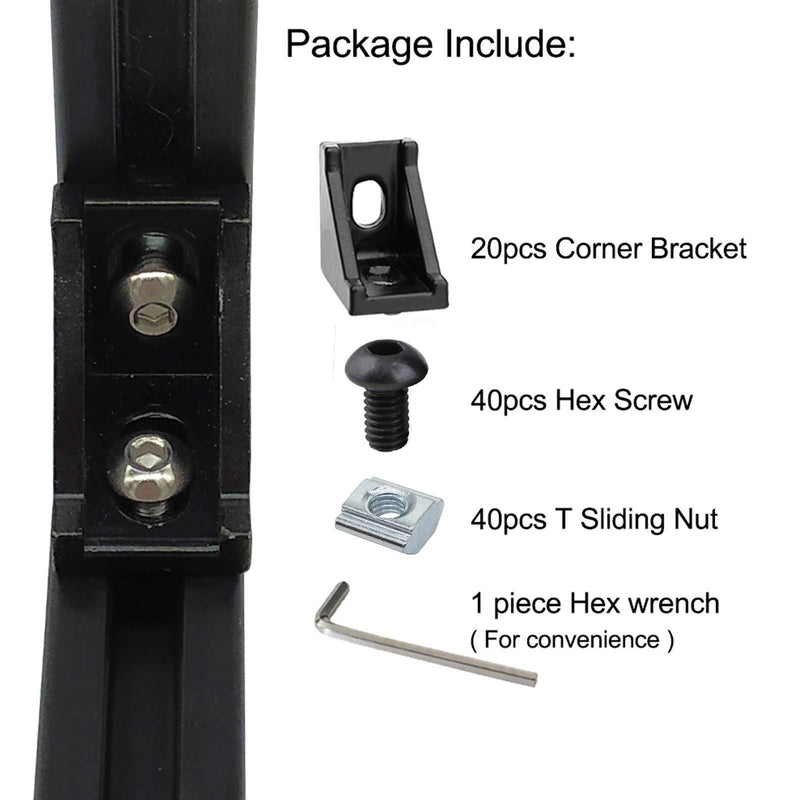 20Sets Black 2020 Series Aluminum Profile Connector Set, 20pcs Corner Bracket, 40pcs T Nuts and Hex Screw Bolt for Slot 6mm 20S Aluminum Rail Accessories 20Set Black with Screw Nut