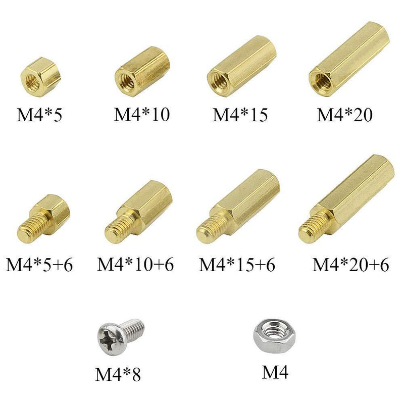 XINGYHENG 140pcs M4 Brass Male-Female / Female-Female Hex Brass Spacer Standoff Screw Nut Assortment Kit and stainless steel Screw Nut Set (Brass M4)
