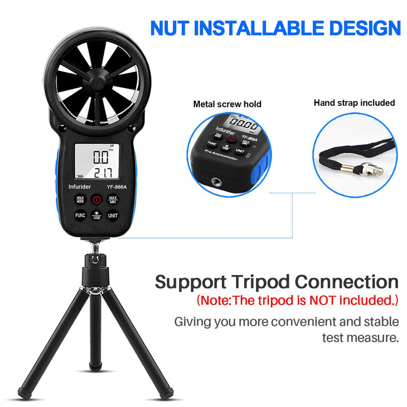 INFURIDER YF-866A Digital Anemometer,Handheld Wind Speed Gauge Portable High-Precision Wind Speed, Wind Temp, Air Flow Measurement Anemometer Data Hold & USB Connected Wind Velocity CFM Tester