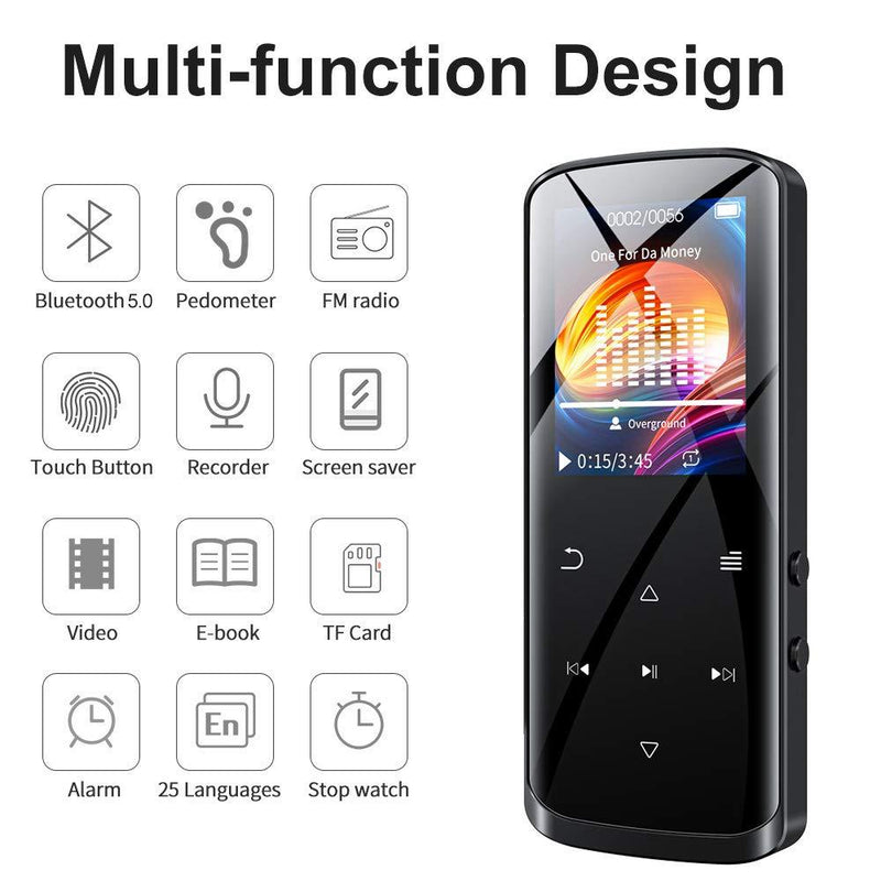 RUIZU Mp3 Player, Upgraded Bluetooth 5.0 Mp3 Player, 8GB Portable HiFi Lossless Sound Music Player with Speaker, FM Radio, Voice Recorder, E-Book, Video Player, Pedometer, Support up to 128GB(Black) Black 8GB