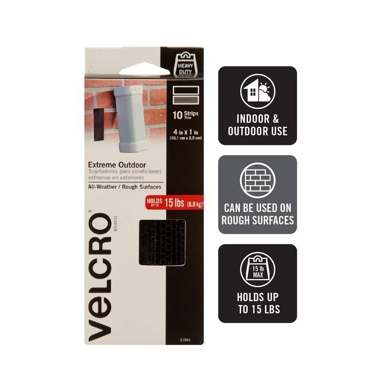 VELCRO Brand Outdoor Heavy Duty Strips | 4 x 1 Inch Pk of 10 | Holds 15 lbs | Black Extreme Hook and Loop Tape Industrial Strength Adhesive | Weather Resistance for Rough Surfaces (91841) 4in x 1in (10Pk)