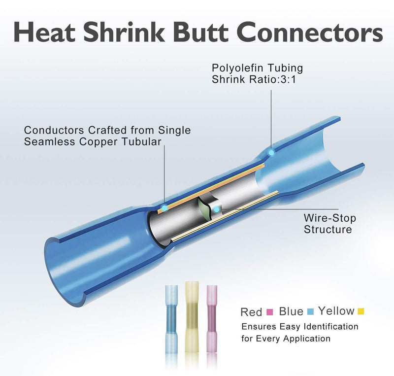 AIRIC Heat Shrink Butt Connectors 200pcs 22-16AWG Waterproof Butt Connector Heat Shrink Marine Automotive Electrical Straight Wire Crimp Connectors Red 22-16 AWG 200