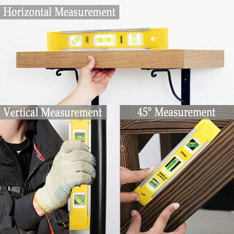DOWELL spirit level 23 cm with magnet system, small torpedo spirit level with 45°/90°/180° spirit levels, shockproof spirit levels - professional measuring tools, colorless