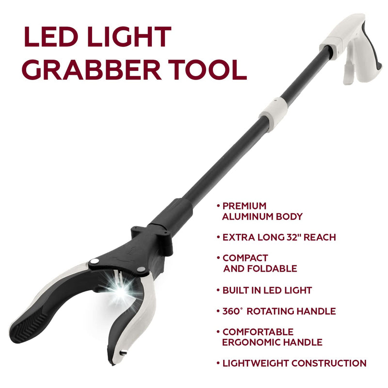 Grabber Reacher Tool-Long 32 Inch (Grey) Aluminum Foldable Pick Up Stick-Strong Grip Shelves LED Light Magnetic Tip, Lightweight Trash Picker Claw Reacher Grabber Tool for Elderly - by Luxet