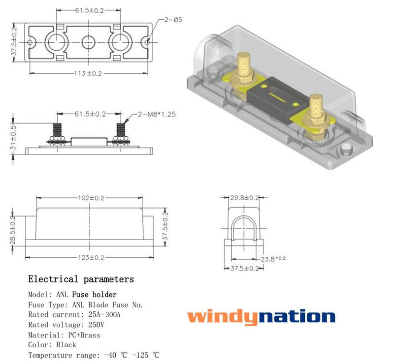 WindyNation ANL Fuse Holder + ANL Fuse (2pcs 250A Fuse) 2pcs 250A Fuse
