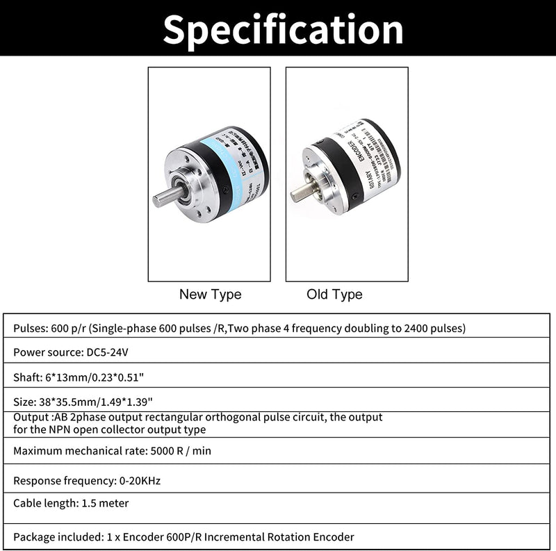 Yosoo Photoelectric Incremental Rotary Encoder 600p/r 6mm Shaft 5-24vdc AB Phase for Length Measurement + Coupling