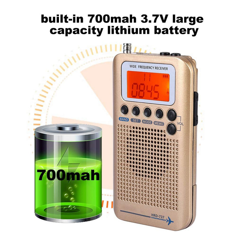 Air Band Radio Receiver AIR FM AM CB SW VHF Full Band Hand-held Aircraft Digital Travel Radio with Extended Antenna Build in Battery Wide Frequency LCD Display with Alarm, Earphones (Brass) Brass