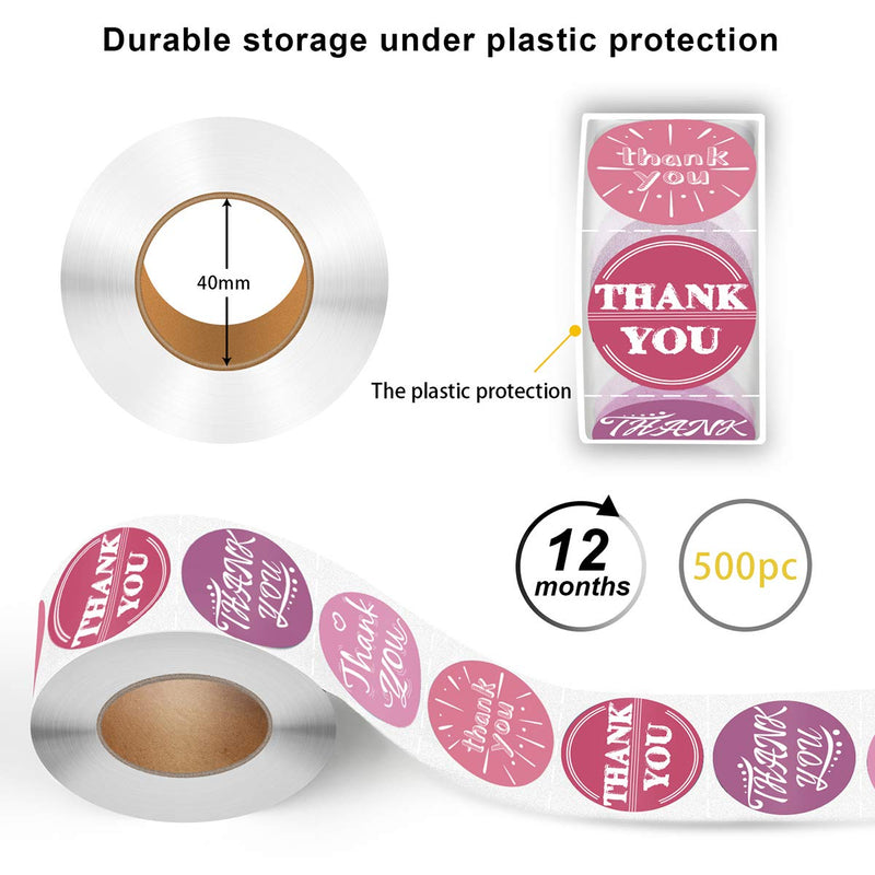 Thank You Stickers Seals,4 Unique Pink Designs for envelopes, Favors, Weddings, Bridal Shower, Gift Packaging - 1.5" inch Round Adhesive Labels for Business and Personal use （500Labels/Roll）