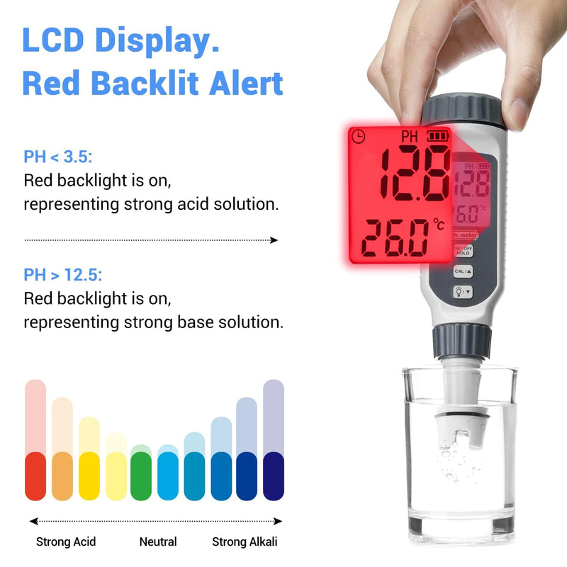 PH measuring device, Dr.meter pH meter accuracy pH ±0.01, measuring range pH 0-14, digital PH tester with LCD ideal for drinking water, swimming pool, aquarium, fish pond, pool, spa or laboratory 1