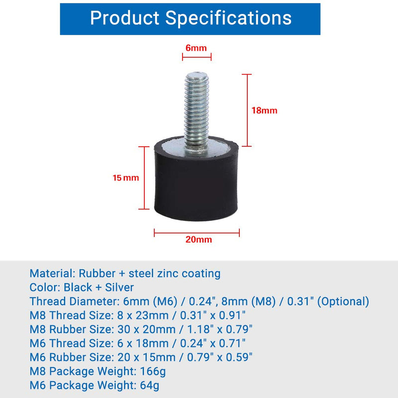 Rubber Mounts M6 M8 Cylindrical Rubber Isolator Mounts Shock Absorber Anti Vibration Mount 1/4 Shock Absorption Mount w/Threaded Stud Vibration Isolator Silentblock Car Boat Bobbins, M6 Pack of 4 VD20*15 M6*18
