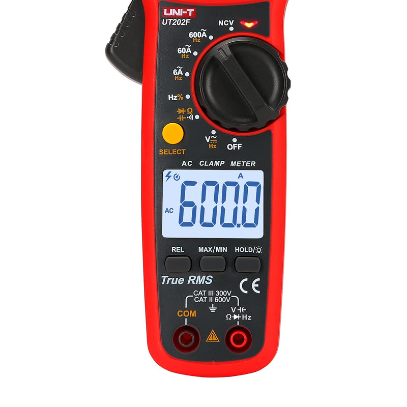 UNI-T UT202F Digital Clamp Meter AC Current TRMS Volt Ohm Amp Meter HVAC Clamp On Multimeter Auto Ranging 6000Counts AC Current Frequency NCV DC AC Voltage Frequency Resistance Continuity Diode Tester