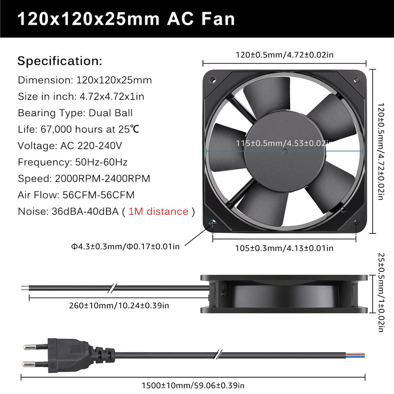 GDSTIME 120mm Fan 230V Fan 120 x 25mm 220V Fan Dual Ball Bearing AC 240V Brushless Cooling Fan