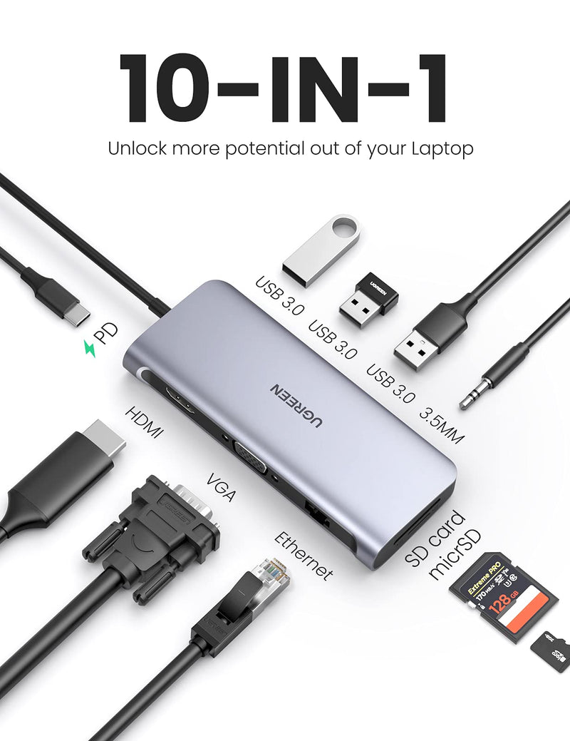 UGREEN USB C Docking Station, 10 in 1 Laptop Docking Station with Gigabit Ethernet 4K HDMI VGA 100W Power Delivery 3 USB 3.0 Ports 3.5mm Audio Jack SD TF Card Reader for MacBook Pro Air Dell HP
