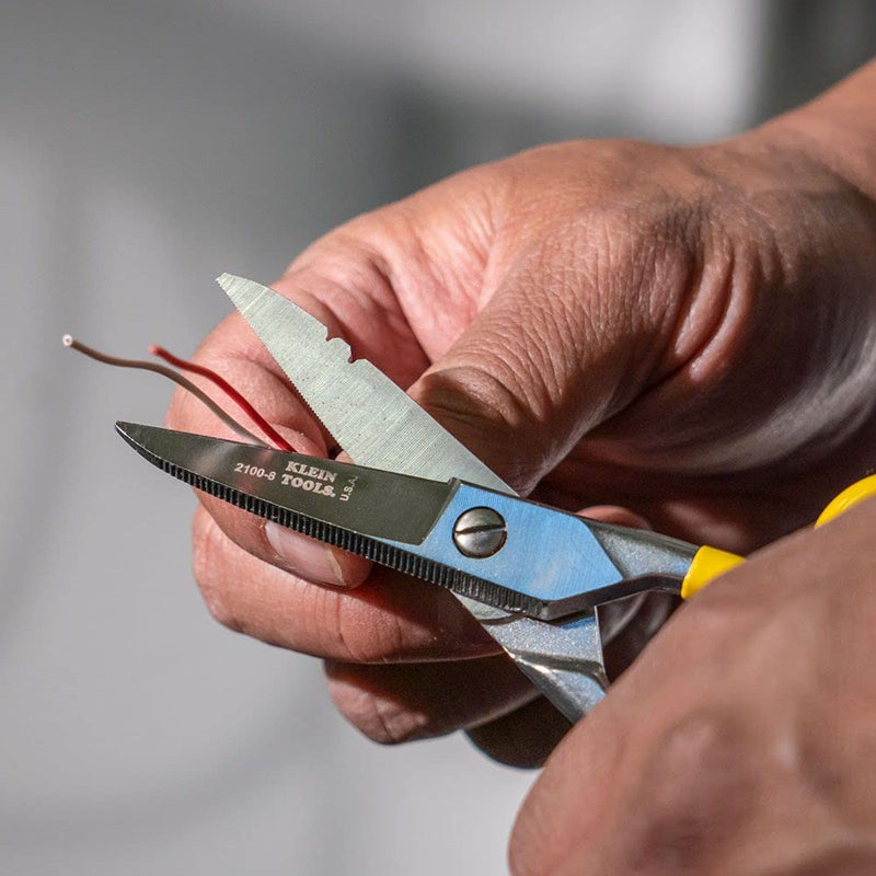 Klein Tools 2100-8 Scissors, Electrician Free Fall Snips, Stainless Steel Cut 19 and 23 AWG Electrical Communication Wire, Cable and Cordage