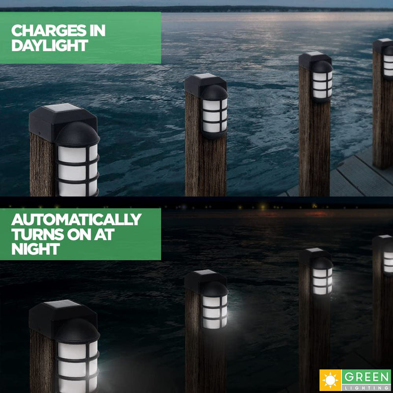 GreenLighting 2 Pack Marina Solar Post Cap Lights - Metal Side Mount Dock Light for 4x4 Wood Posts (Black) Black