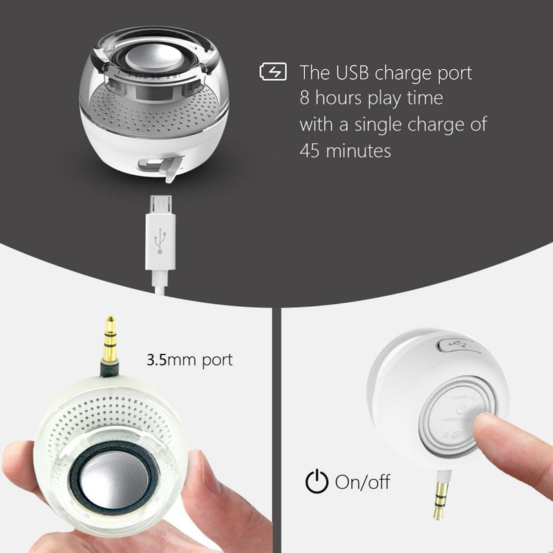 Portable Speaker, Leadsound Crystal 3W 27mm 8Ω Mini Wireless Speaker with 3.5mm Aux Audio Jack Plug in Clear Bass Micro USB Port Audio Dock for Smart Phone, for Pad, Computer (White)