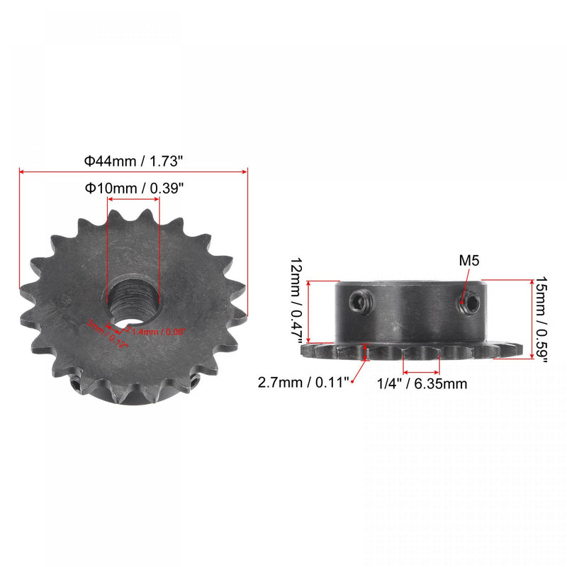 uxcell 20 Tooth Roller Sprocket, 25 Chain Single Strand 1/4" Pitch, 10mm Bore Black Oxide C45 Carbon Steel, 3x1.4mm Keyway with Set Screws for ISO 04C