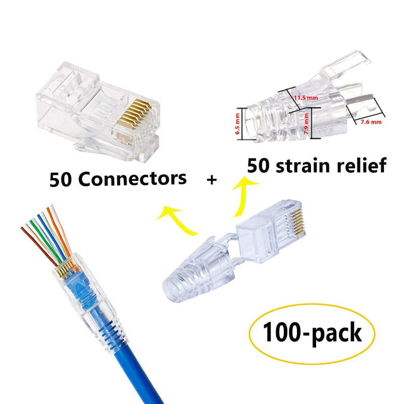 RJ45 CAT6 Pass Through Connectors Gold Plated 8P8C Plugs and Strain Relief (50xcat6plug+50xstrain Relief) Cat6 50+50pieces