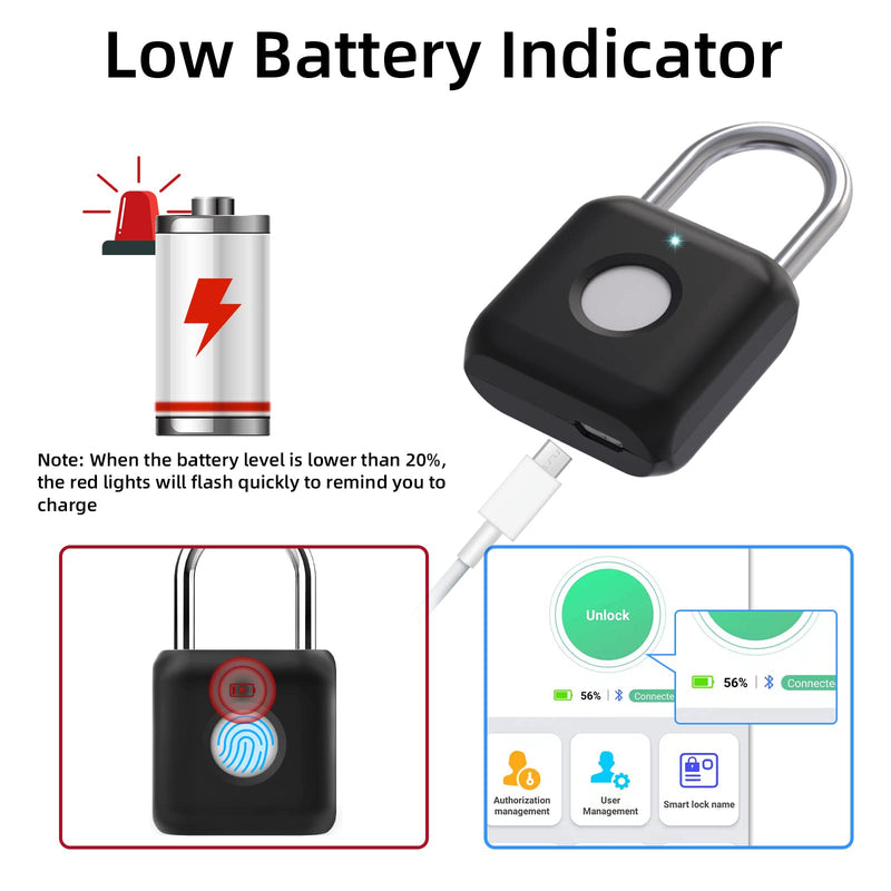 Fingerprint Padlock, Pothunder Smart Padlock with Keyless Biometric, Bluetooth Lock, Biometric Padlock, Suitable for Gym, Sports, Bike, School, Locker and Storage(P8BF-Black) Black