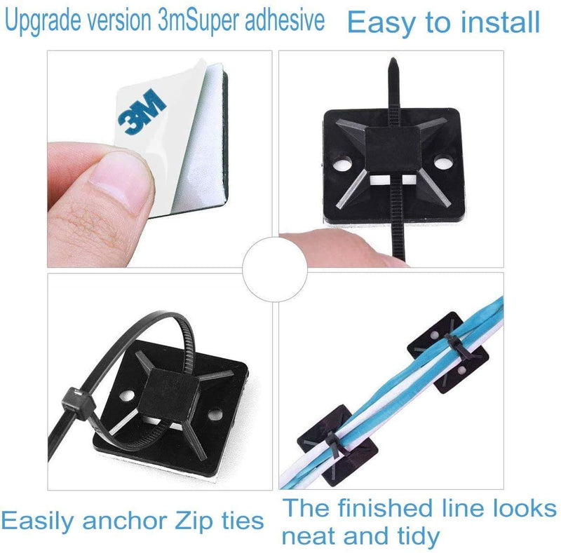 Black Cable Tie Zip Self Adhesive Mounts Set, Cable Base Holders with Multi-Purpose Sticky Pads 100 sets