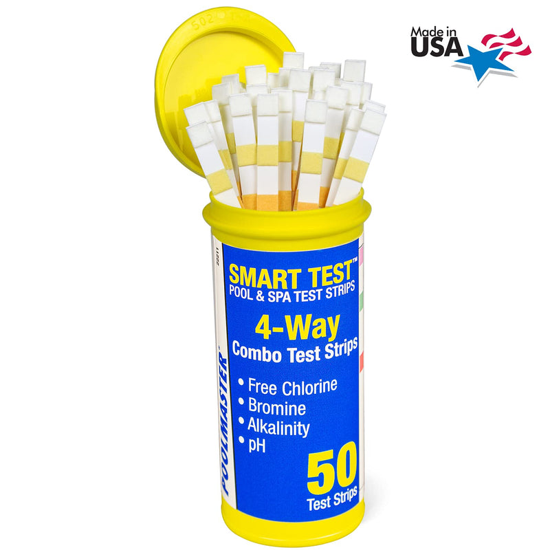 Poolmaster 22211 Smart 4-Way Swimming Pool and Spa Water Chemistry Test Strips, 1 Pack, Made in the USA, White and yellow 4 Way Test Strips