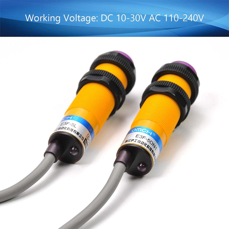Fielect Photoelectric Sensors Through-Beam Detection Photoelectric Sensor Switch 200MA Detection Distance 5M 3/2 Wires E3F-5L+E3F-5DN1 2pcs Models : E3F-5L+E3F-5DN1