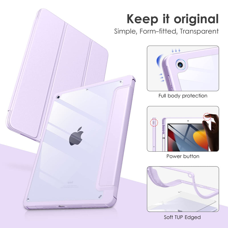 DTTOCASE Case for iPad 9th / 8th / 7th Generation 10.2 inch (2021/2020/2019 Released), Clear Back, TPU Shockproof Frame Cover[Built-in Pencil Holder,Support Auto Sleep/Wake] for ipad 10.2-Light Purple Light Purple