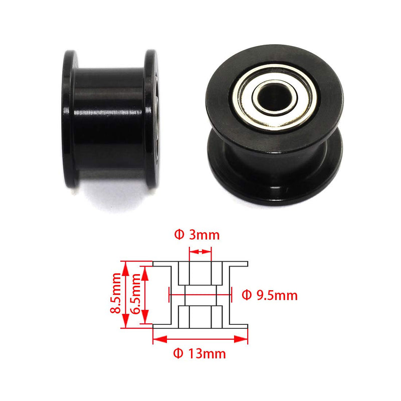 HJ Garden 2pcs 16 Teeth 3mm Bore Idler Timing Pulley with Bearing 2GT Aluminium Alloy H Type GT2 Synchronous Wheel Without Teeth for 6mm Width Belt 3D Printer CNC Mechanical Drive Black